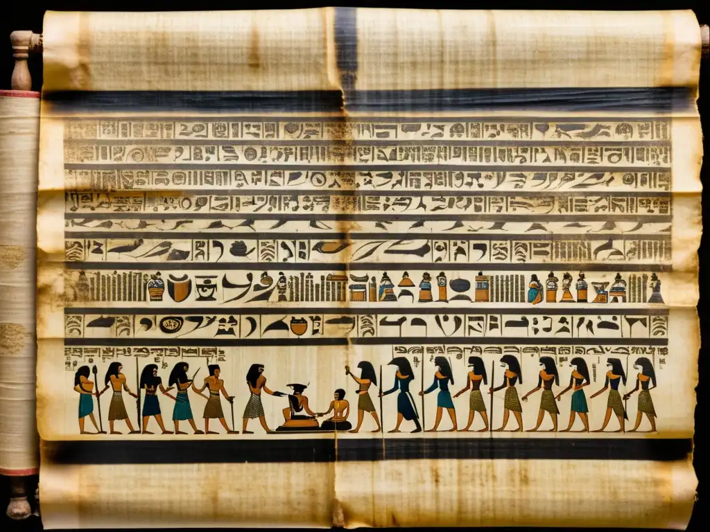 Antiguo papiro con Escritura Copta en Egipto Antiguo: tinta negra, ilustraciones de deidades egipcias, marcas de desgaste, historia y cultura