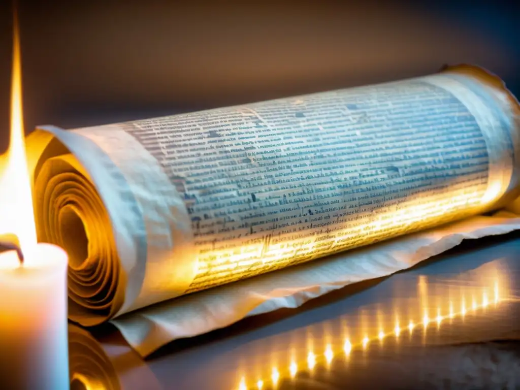 Un antiguo papiro griego desenrollado, con texto manuscrito en tinta desvanecida iluminado por luz de vela