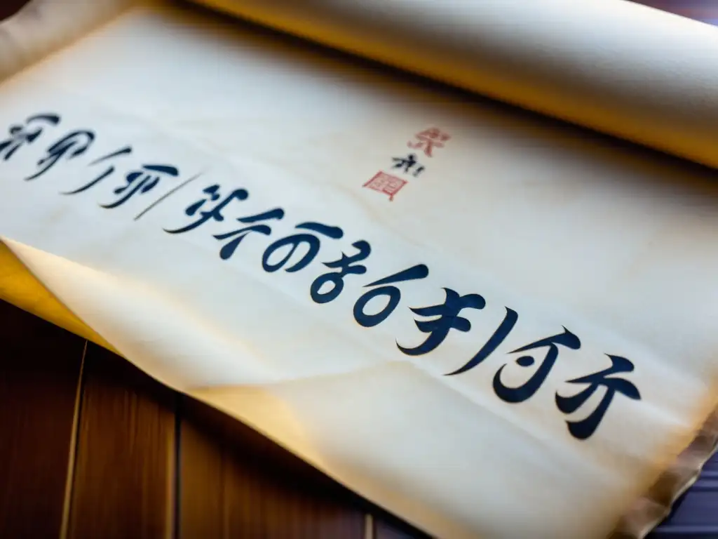 Antiguo pergamino de arroz desplegándose con caligrafía china en materiales de escritura antiguos