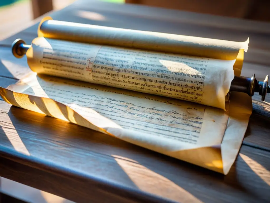 Antiguo pergamino bien conservado en mesa de madera con luz cálida, evocando preservación documentos raros mediante Blockchain