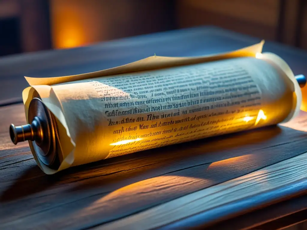 Antiguo pergamino desplegado en un escritorio de madera, iluminado por una lámpara antigua