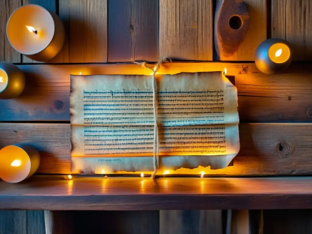 Antiguo pergamino con escritura aramea iluminado por luz de vela, evocando sabiduría ancestral