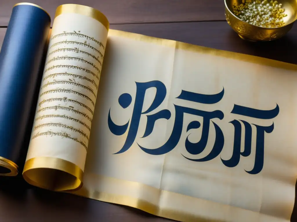 Pergamino antiguo con caligrafía prakrit Antiguo pergamino con escritura prácrita, detalles en oro y motivos florales