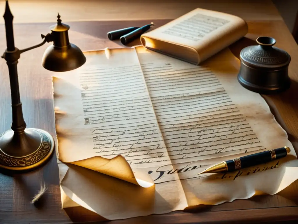 Antiguo pergamino griego con caligrafía, tinteros y plumas en un escritorio de madera, evocando el estudio del griego clásico