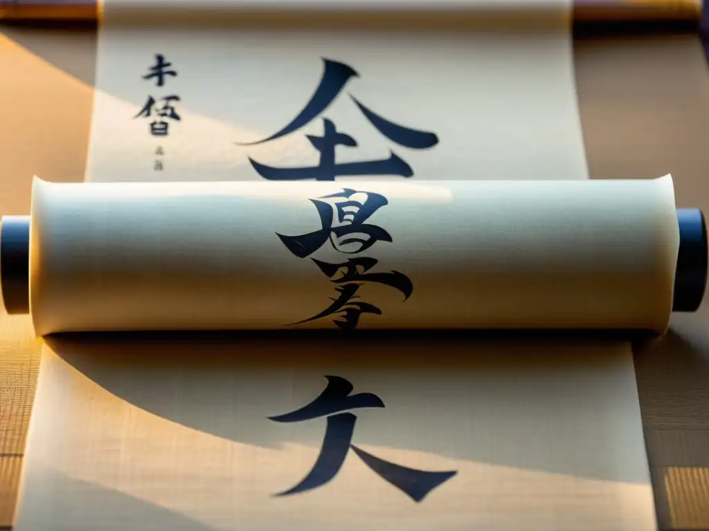 Antiguo pergamino japonés desplegado con elegantes caracteres kanji escritos en tinta tradicional