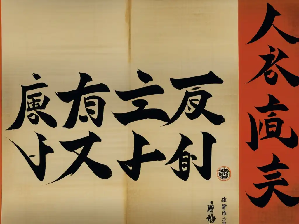 Antiguo pergamino japonés con Kanji pintados a mano, revelando el origen y significado de los Kanji en la evolución cultural de Japón