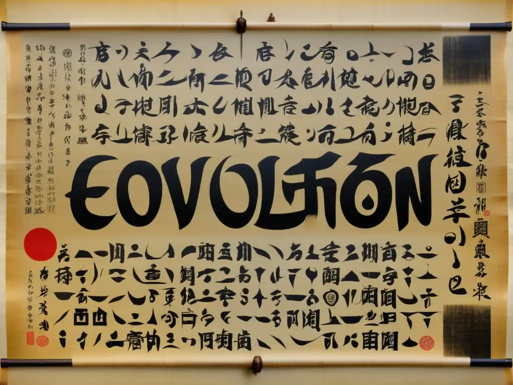 Antiguo pergamino japonés ilustrando el origen y evolución de escritura japonesa, con caligrafía delicada y símbolos históricos