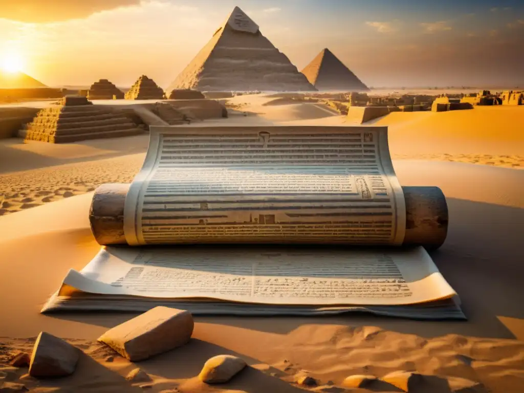 Secretos ancestrales en las pirámides de Egipto Un antiguo pergamino despliega jeroglíficos en las pirámides de Giza al atardecer, evocando el misterio de Egipto