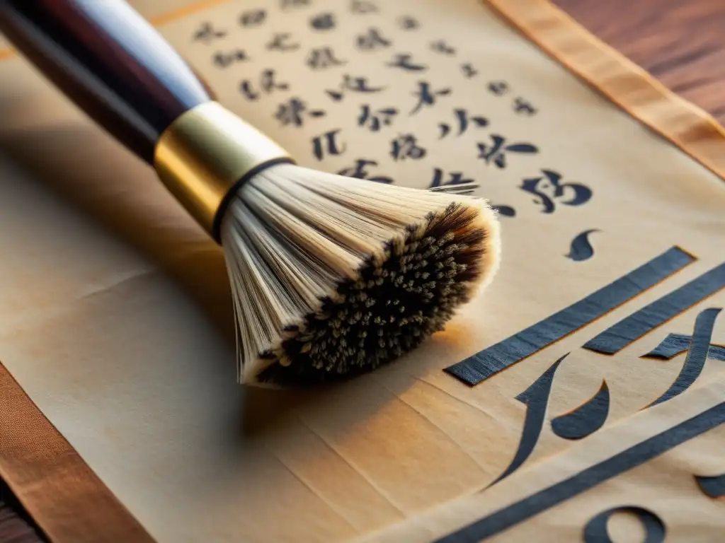 Exquisita caligrafía Hanzi: pincel ancestral en acción Un antiguo pincel de caligrafía crea con precisión los caracteres Hanzi en pergamino envejecido