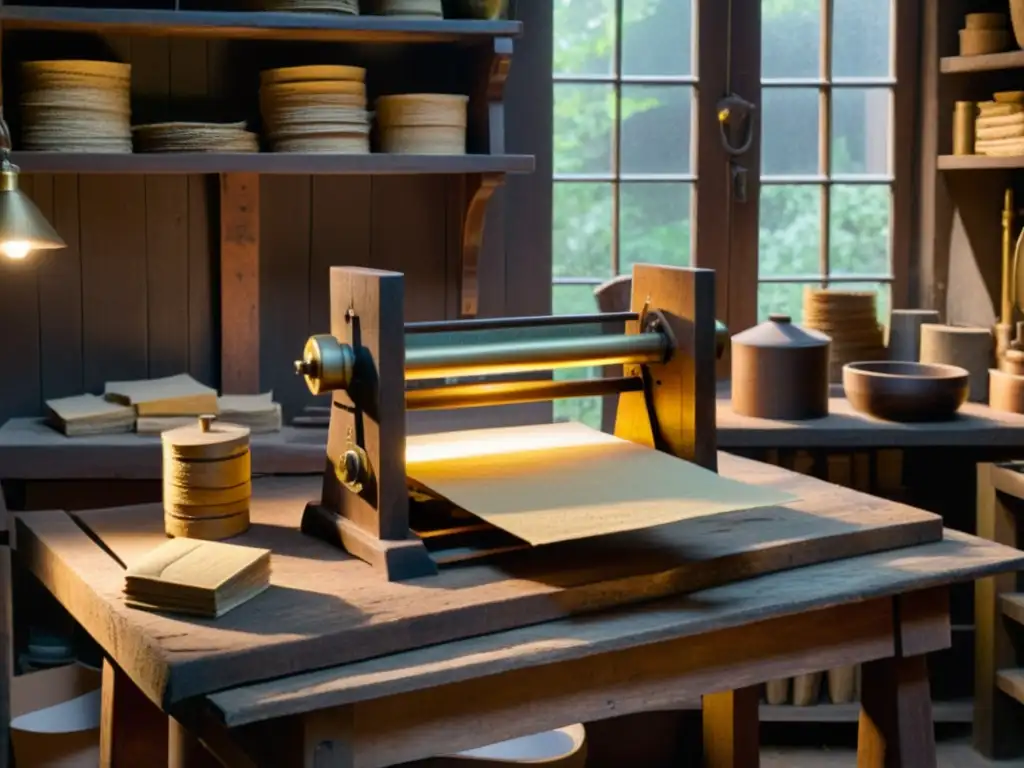 Antiguo prensa de madera con detalles de latón en taller con ediciones raras papel hecho mano y luz cálida