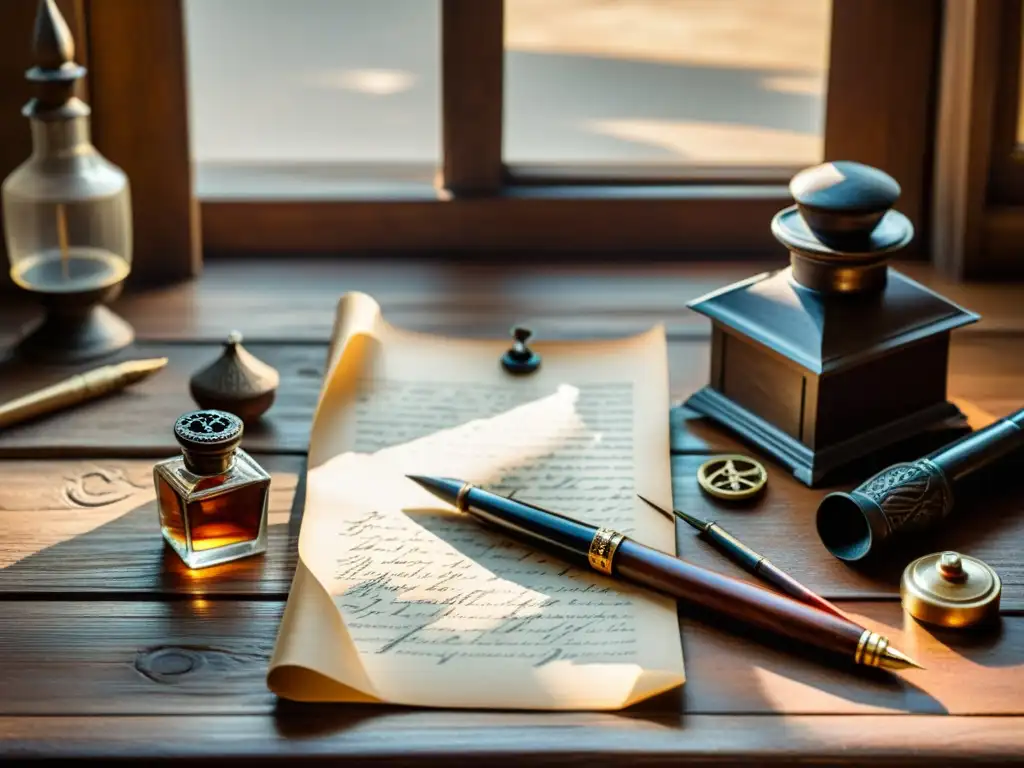 Un antiguo set de caligrafía en un escritorio de madera, iluminado por luz natural