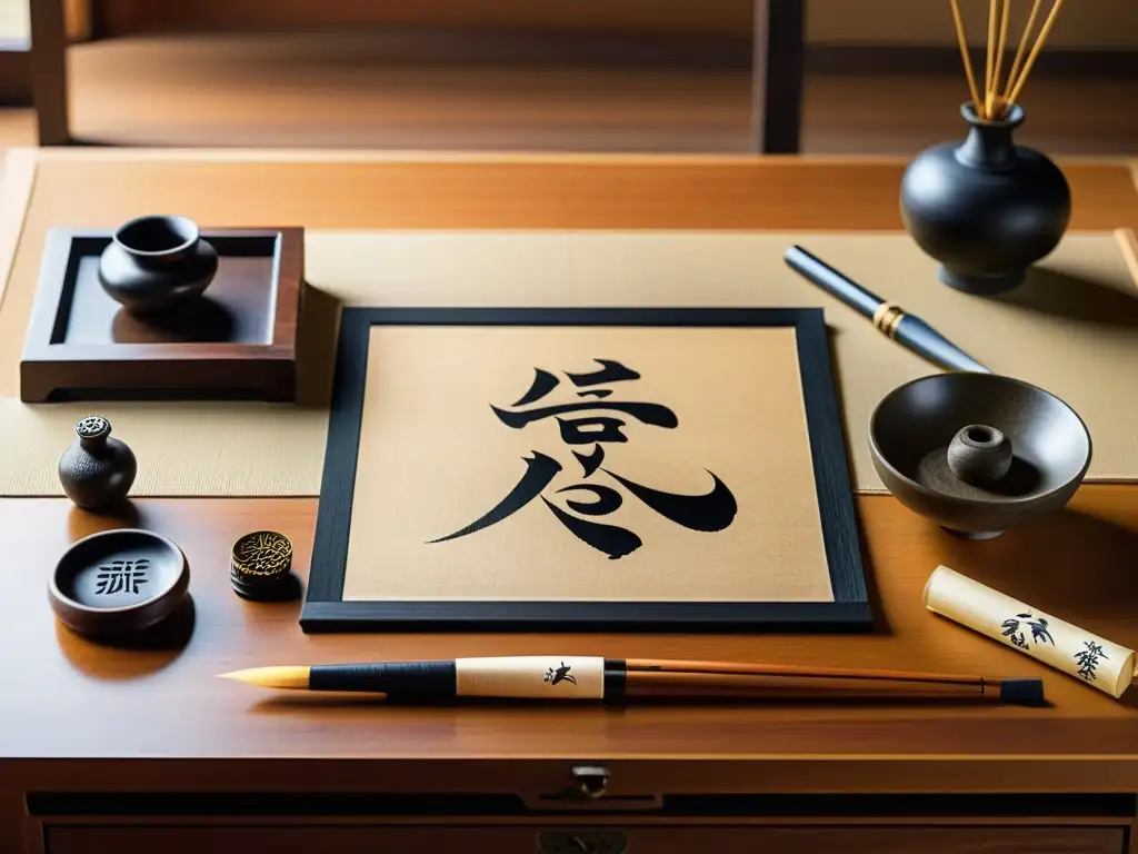 Un rincón de tradición: un antiguo set de caligrafía japonés con un escritorio de madera envejecida, útiles y suave iluminación