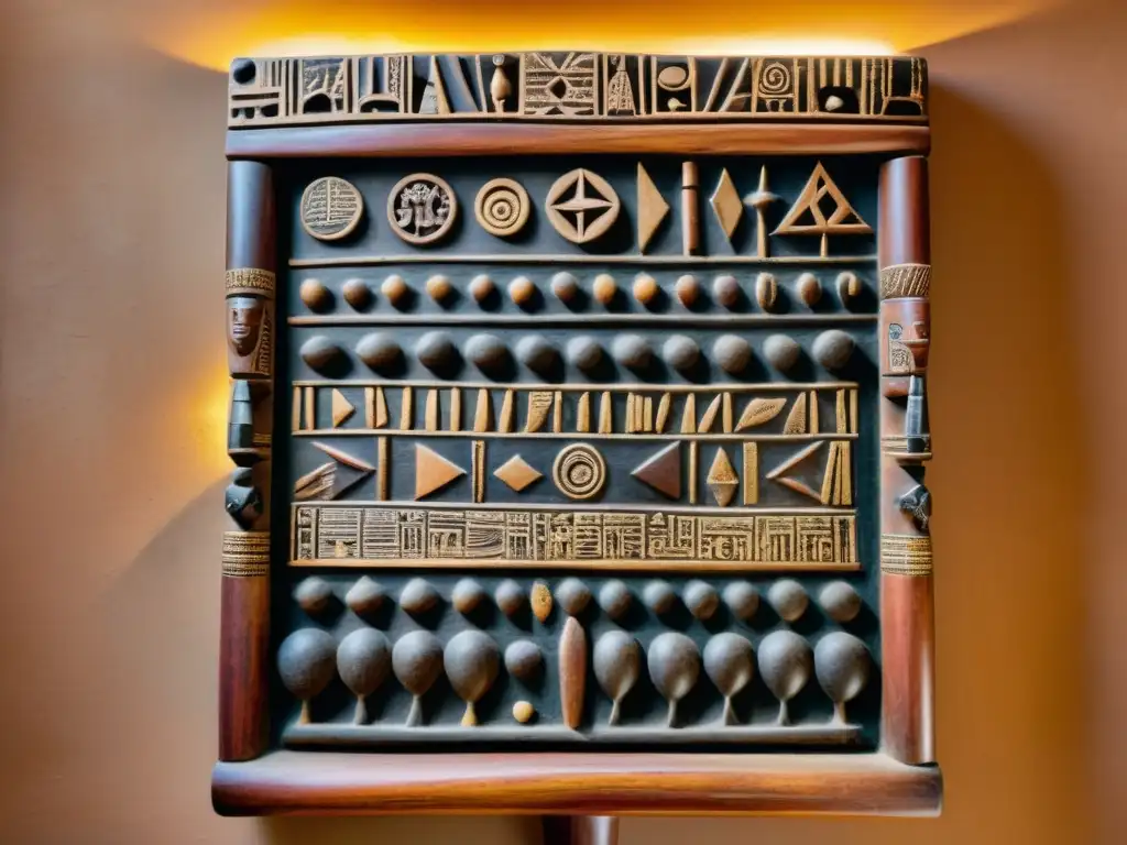 Un antiguo tablero de escritura Nsibidi con símbolos tallados y patina envejecida, rodeado de artefactos africanos tradicionales en cálida luz dorada