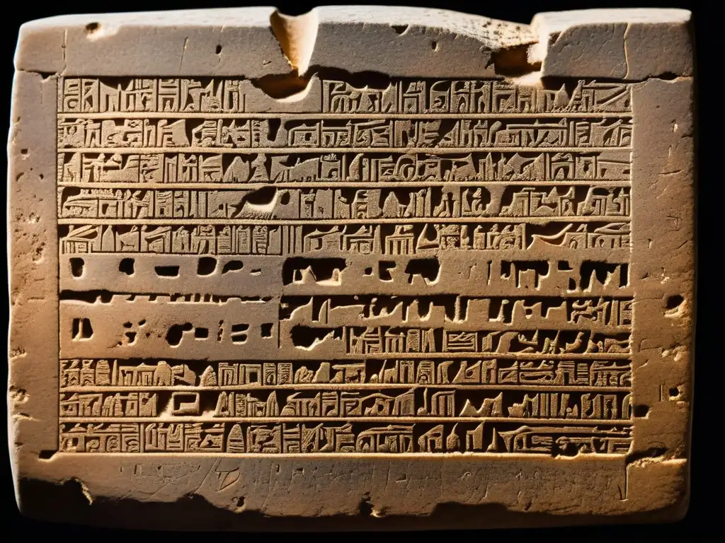 Antiguo tablet de arcilla con escritura cuneiforme sumeria, desgastado por el tiempo, muestra la belleza y precisión de la escritura