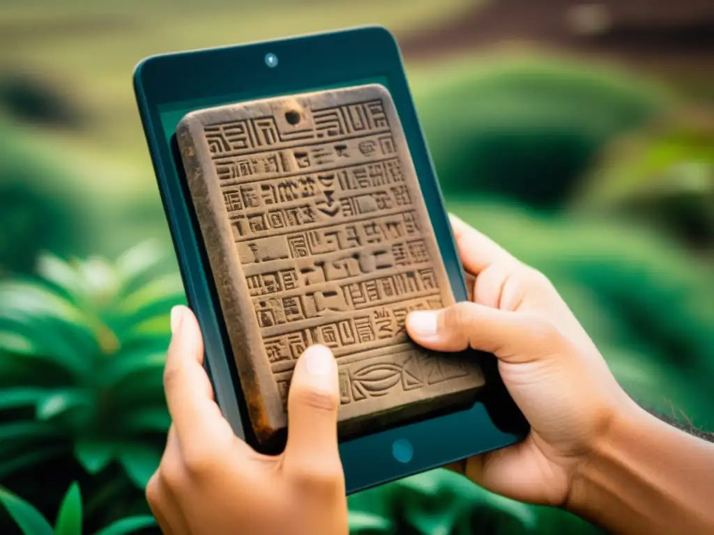 Un antiguo tablet Rongorongo de la Isla de Pascua se muestra con símbolos tallados, sostenido por manos con realidad aumentada