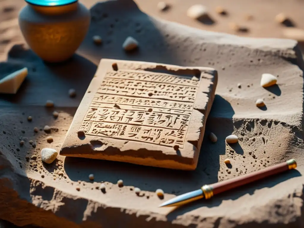 Un antiguo tablilla de barro con escritura cuneiforme en un entorno arqueológico, evocando historia y misterio