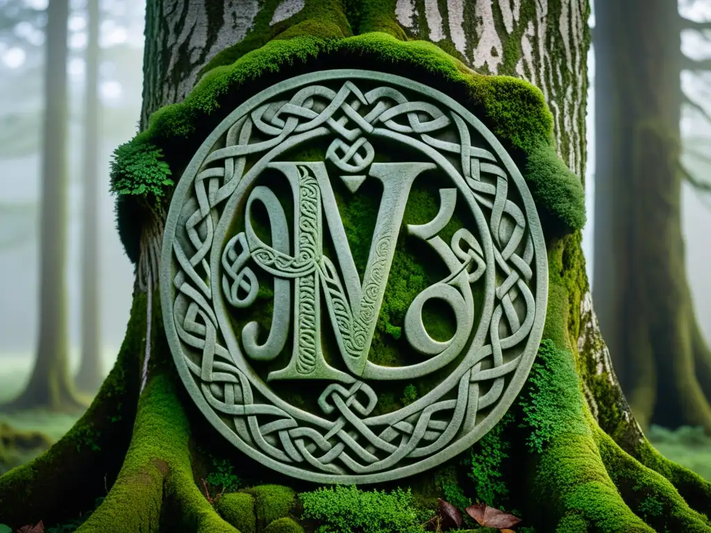 Escritura celta tallada en piedra: misterio en el bosque Un antiguo tallado de piedra con un alfabeto celta, iluminado por la suave luz del amanecer en un bosque brumoso