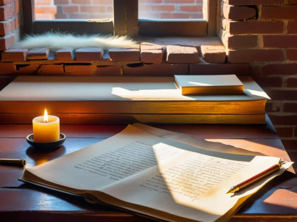 En un antiguo taller de escritura en Varanasi, la luz dorada ilumina un escritorio de madera y un pergamino con caligrafía sánscrita e hindi