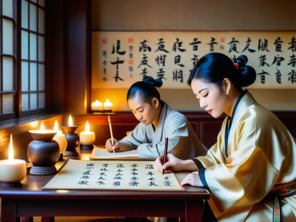 Antiguos eruditos chinos escriben kanji con pinceles, iluminados por velas