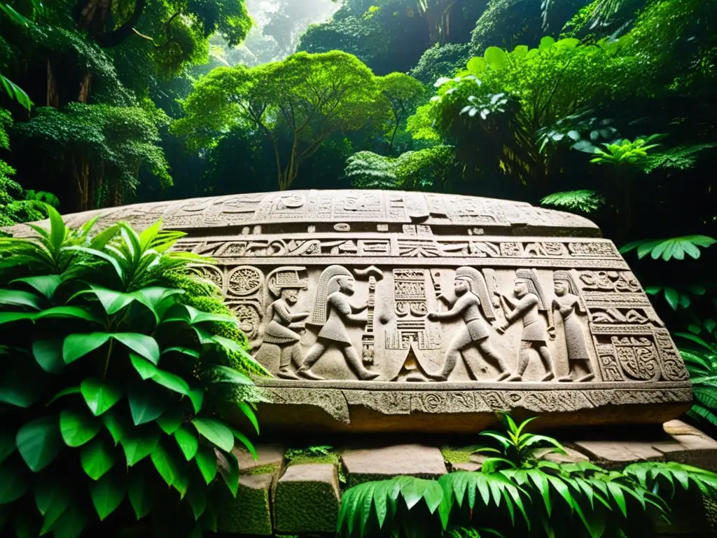 Antiguos jeroglíficos mayas tallados en piedra, iluminados por la luz del sol entre la selva de Guatemala