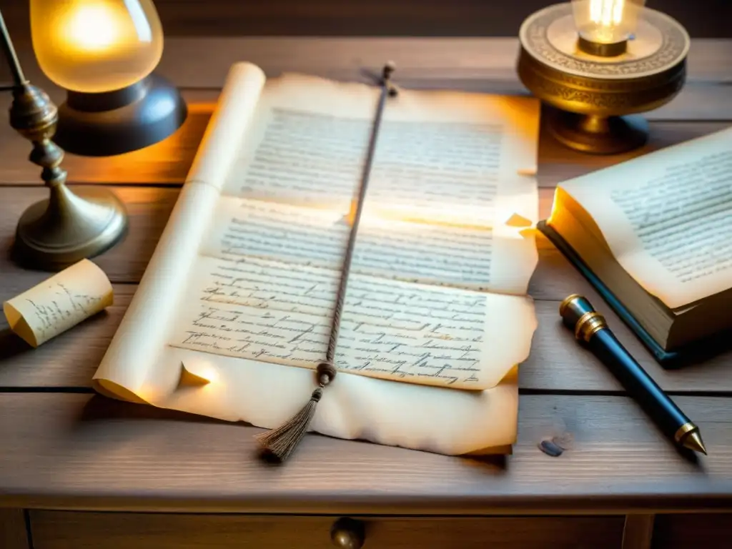 Manuscritos antiguos iluminados en mesa de madera Antiguos manuscritos iluminados por una lámpara en mesa de madera