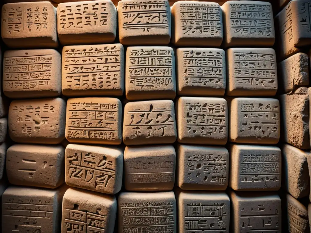 Antiguos materiales de escritura con cuneiforme en tablillas de arcilla, iluminados en tonos cálidos en una superficie de madera envejecida