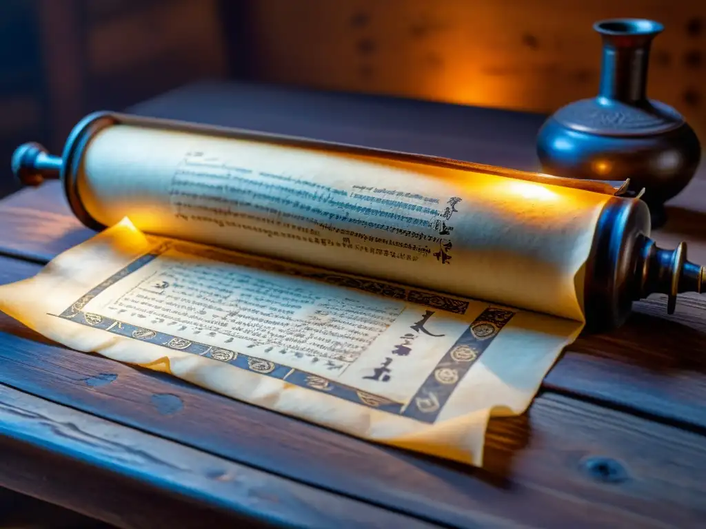 Antiguos sistemas de escritura potenciaban la memoria: antiguo pergamino iluminado por lámpara de aceite en mesa de madera