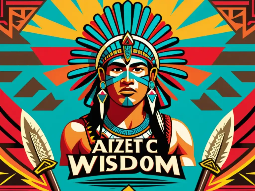 Anuncio vintage con guerrero azteca, escritura azteca en publicidad moderna, mercado vibrante y arquitectura tradicional