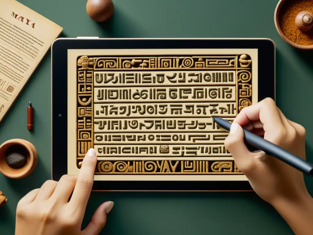 Aplicaciones interactivas escritura maya en tablet vintage con estilógrafo, evocando aprendizaje y exploración