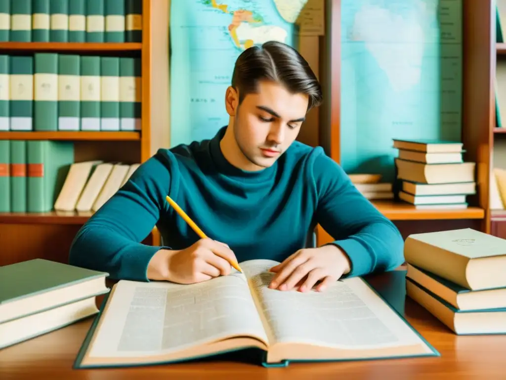 Aprendizaje del alfabeto cirílico fuera de Rusia: Un estudiante dedicado estudia el alfabeto cirílico rodeado de libros y mapas, simbolizando la búsqueda académica global