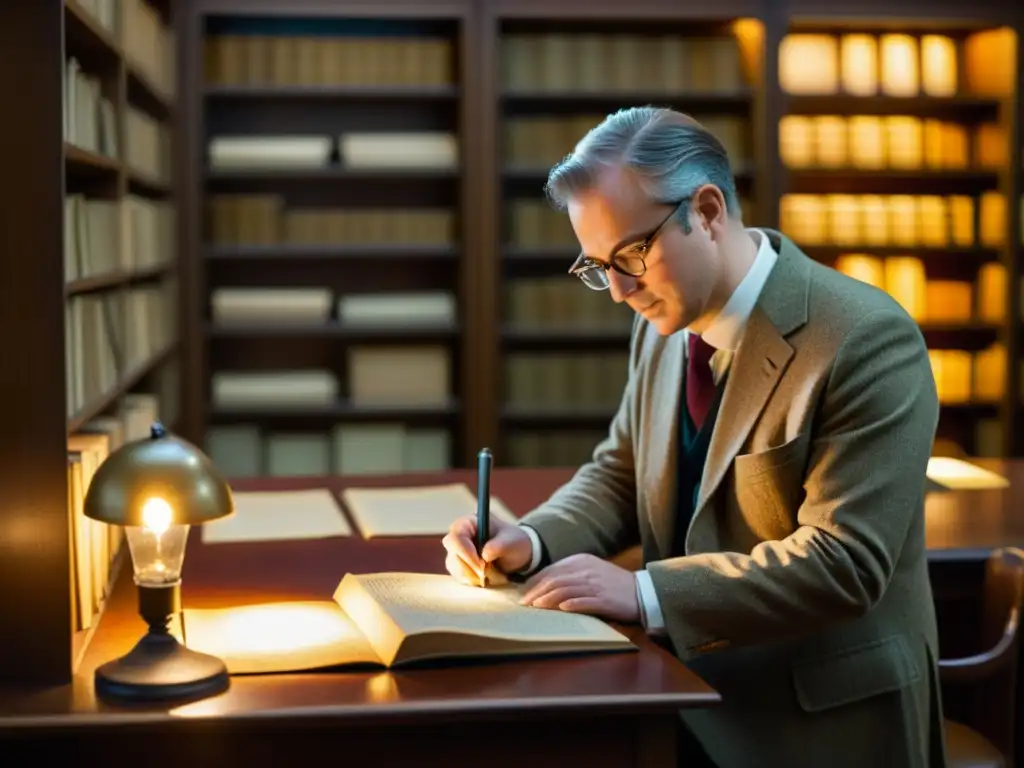 Un archivista cataloga manuscritos antiguos en una biblioteca atmosférica