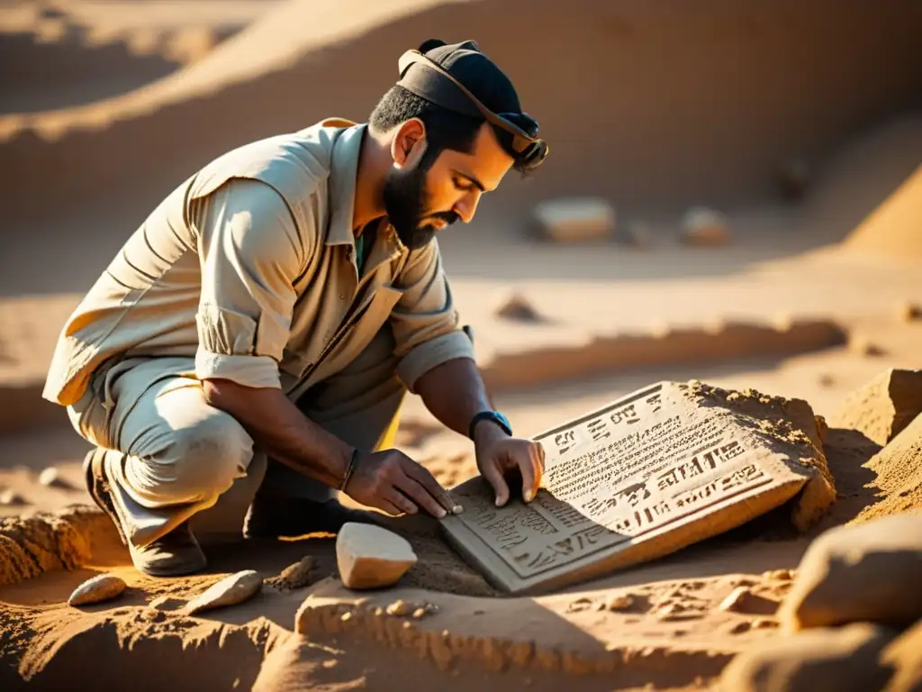 Arqueólogo desenterrando tableta cuneiforme en excavación, con luz dorada