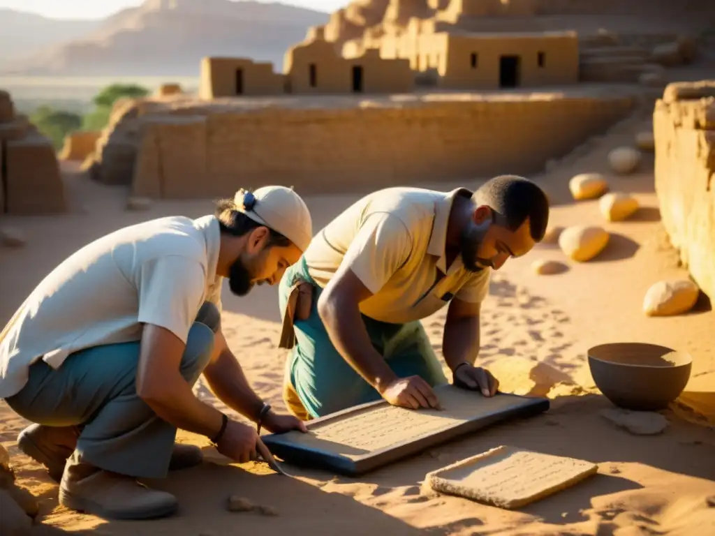 Arqueólogos descubriendo antiguos sistemas de escritura en un yacimiento, revelando culturas perdidas