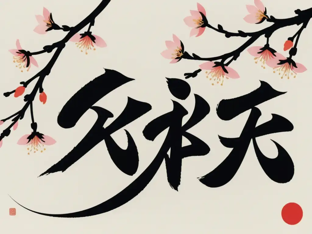 Arte de caligrafía japonesa con Kanji y Kana entre flores de cerezo, mostrando la elegancia y complejidad de los sistemas de escritura en Japón