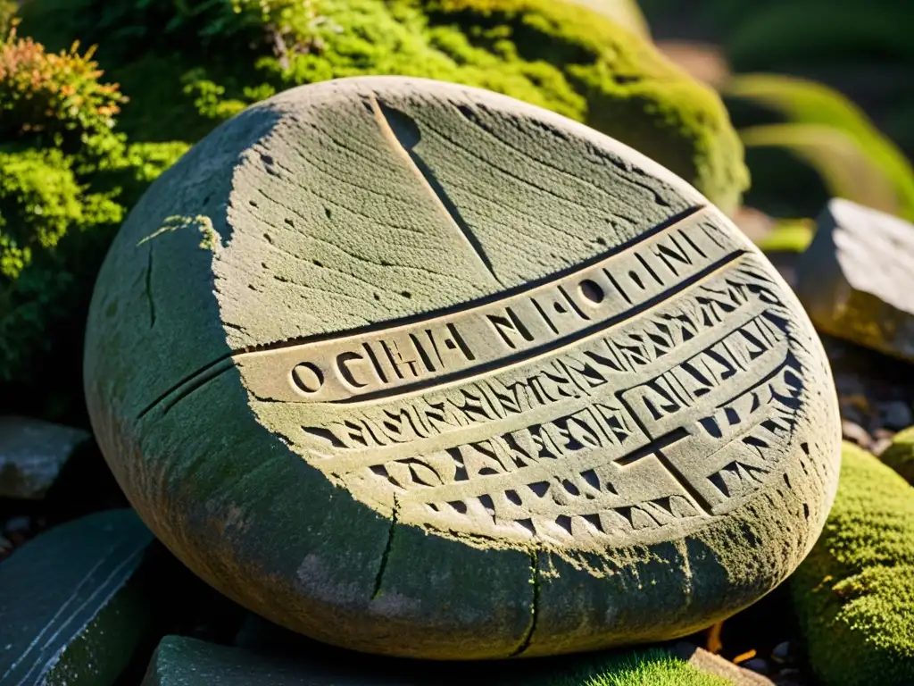 Arte en lienzo con inscripciones Ogham: fotografía vintage de una piedra con antiguas inscripciones celtas, resaltando su historia y misterio