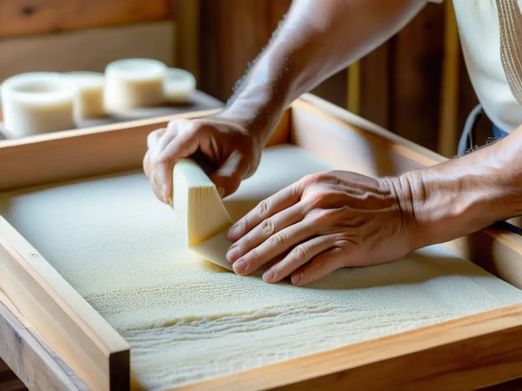 Un artesano sumerge con cuidado un marco de madera con malla fina en pulpa, mostrando la delicadeza de hacer papel a mano