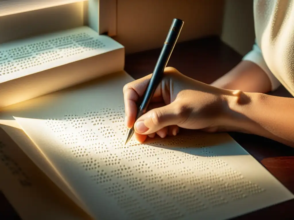 Un artesano delicadamente escribe letras en braille en papel pesado