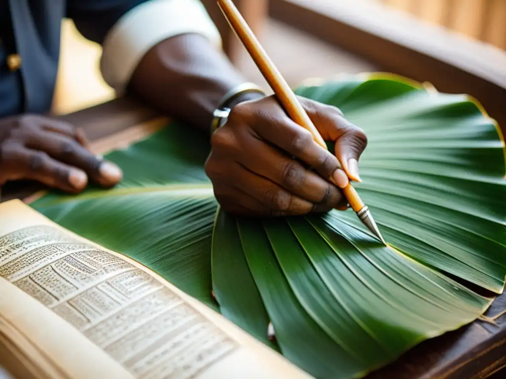 Un artesano tallando con destreza escrituras diversas en antiguos manuscritos de hojas de palma, inmerso en la preservación cultural de la India