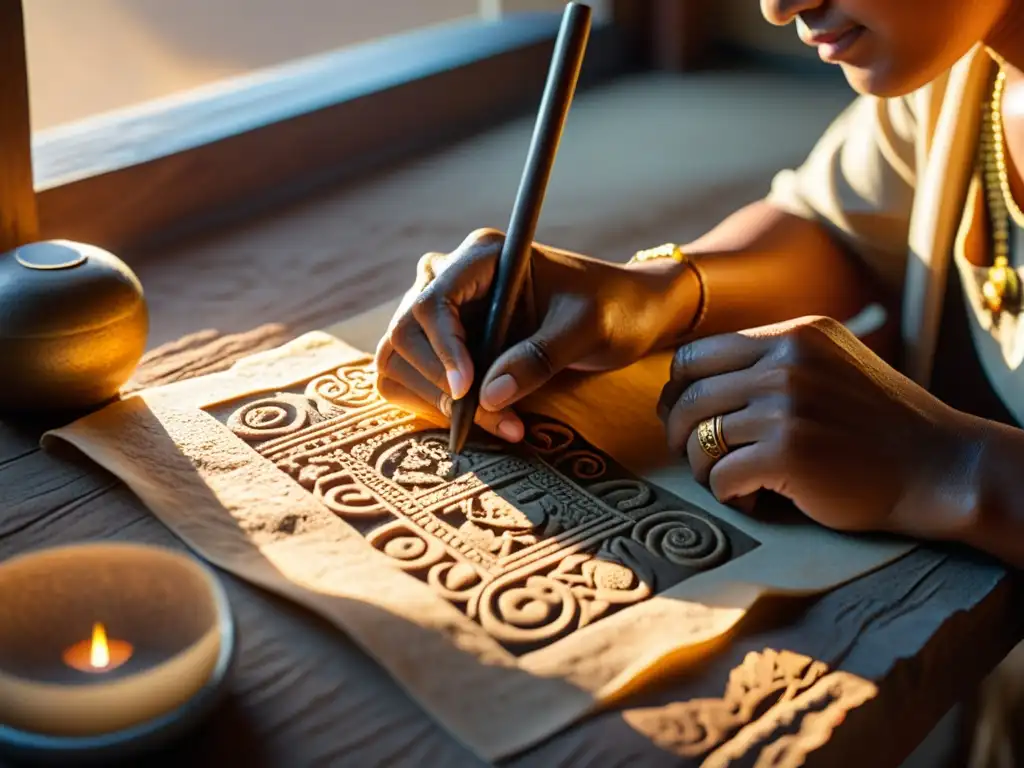 Un artesano reviviendo escritura Maya actualidad, tallando símbolos antiguos en pergamino envejecido, bañado por la cálida luz del atardecer