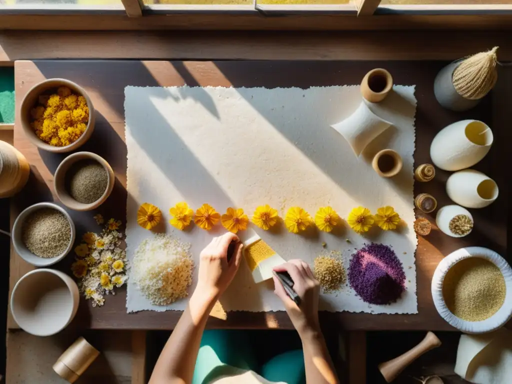 Un artesano crea hermosas Ediciones Raras Papel Hecho a Mano rodeado de herramientas, flores secas y coloridos retazos de tela