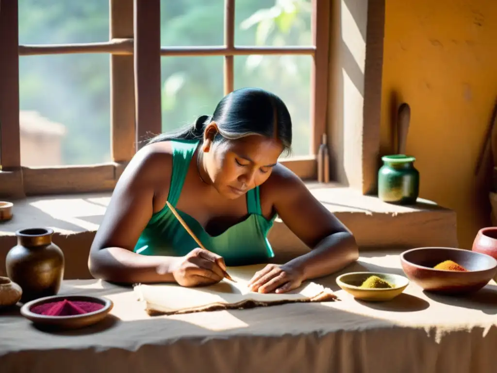 Un artesano indígena elabora materiales de escritura rodeado de tintes naturales y herramientas artesanales