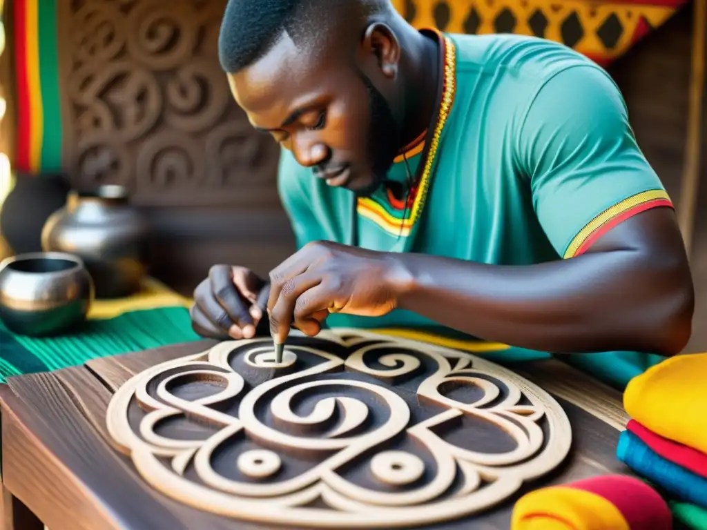 Un artesano ghanés talla símbolos Adinkra en madera, rodeado de textiles vibrantes