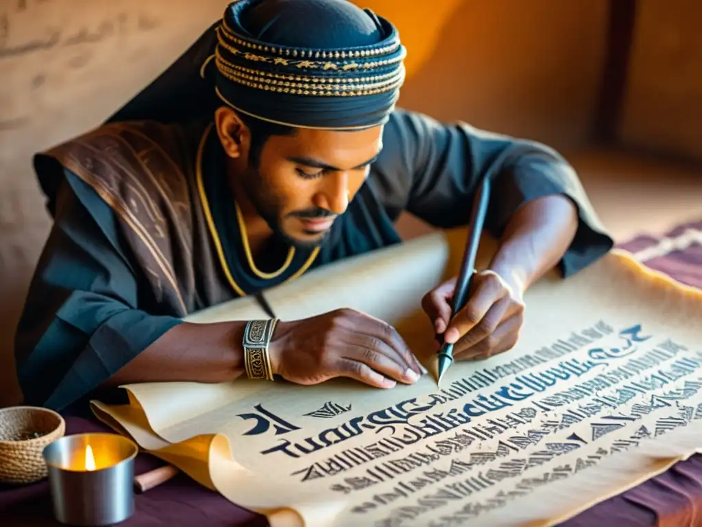 Un artesano tuareg crea Escritura Tifinagh con herramientas tradicionales en un cálido y detallado ambiente vintage