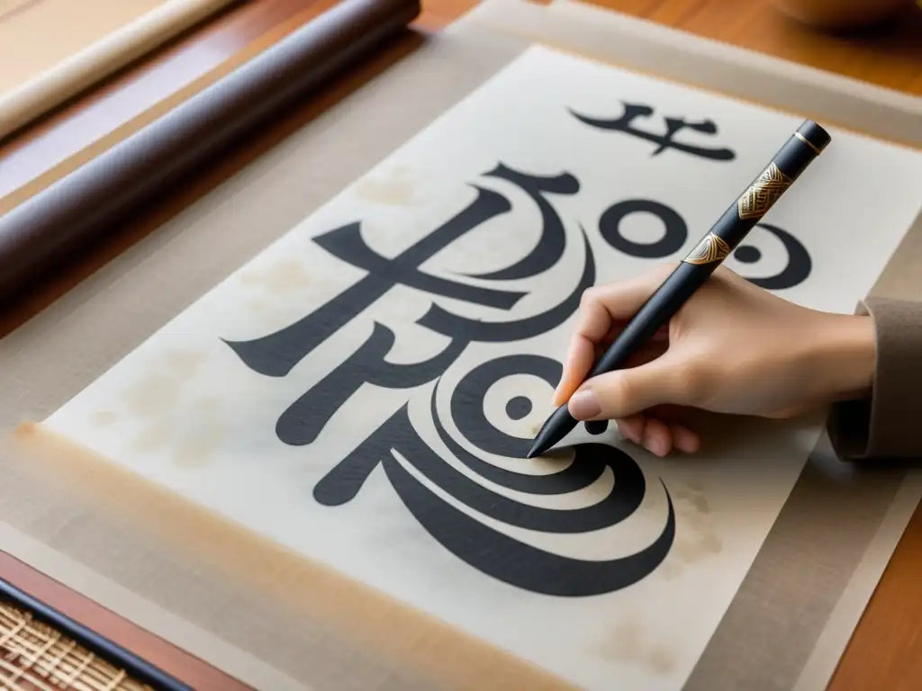 Un artista de caligrafía china moderna usa realidad aumentada para crear intrincadas pinceladas en un pergamino, fusionando tradición y tecnología