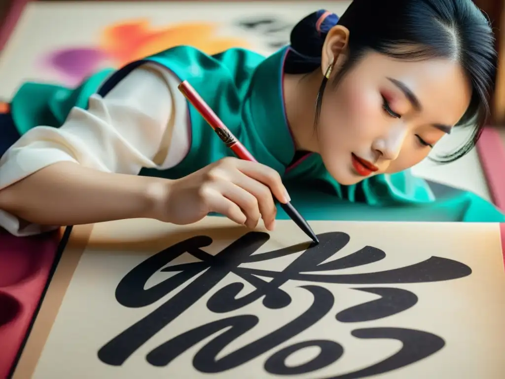 Un artista de caligrafía china moderna utiliza la realidad aumentada para crear intrincados trazos en un pergamino tradicional