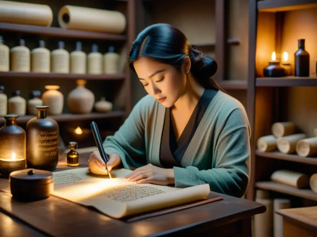 Artista de caligrafía preservando con escaneo 3D en taller antiguo iluminado, evocando reverencia por preservación caligrafías