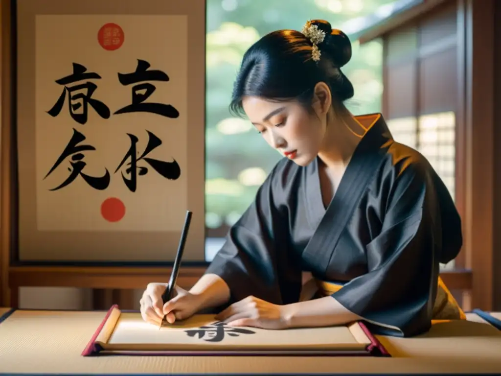 Un artista de caligrafía japonés escribe cuidadosamente caracteres Kanji en un papel, iluminado por luz natural