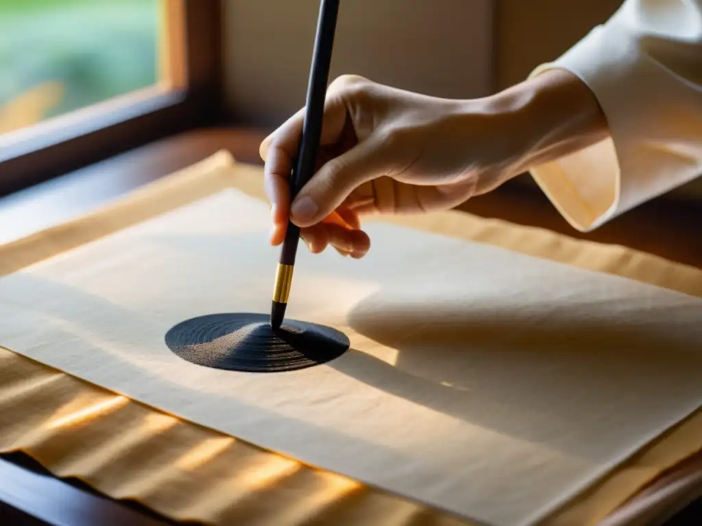 Un artista de la caligrafía japonesa, con concentración, sostiene un pincel sobre papel de arroz en un ambiente cálido y sereno