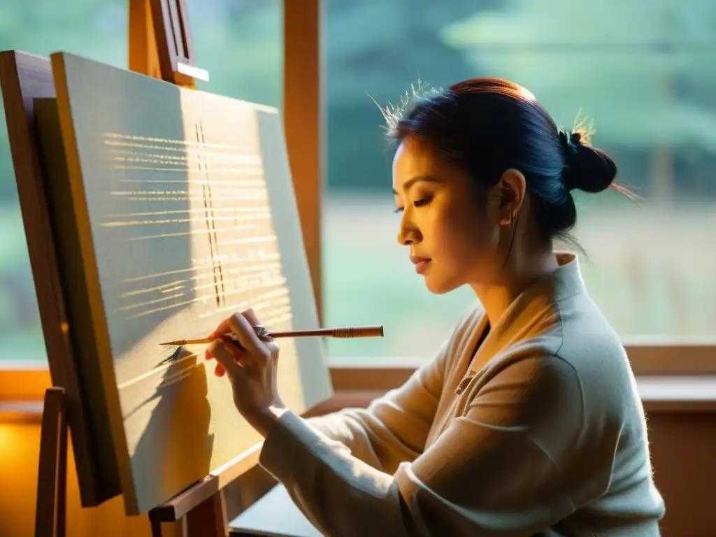 Un artista en su estudio pintando inscripciones Ogham en un lienzo, iluminado por una cálida luz dorada