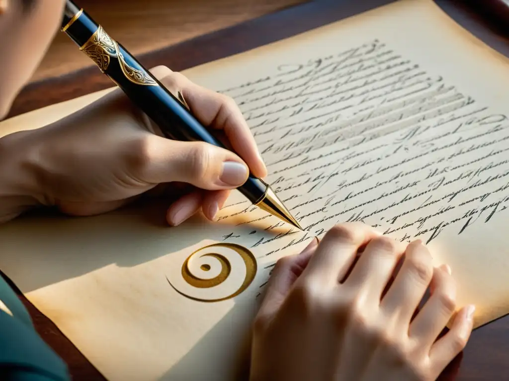 Un artista calígrafo crea un manuscrito moderno con pluma tradicional, evocando la artesanía atemporal